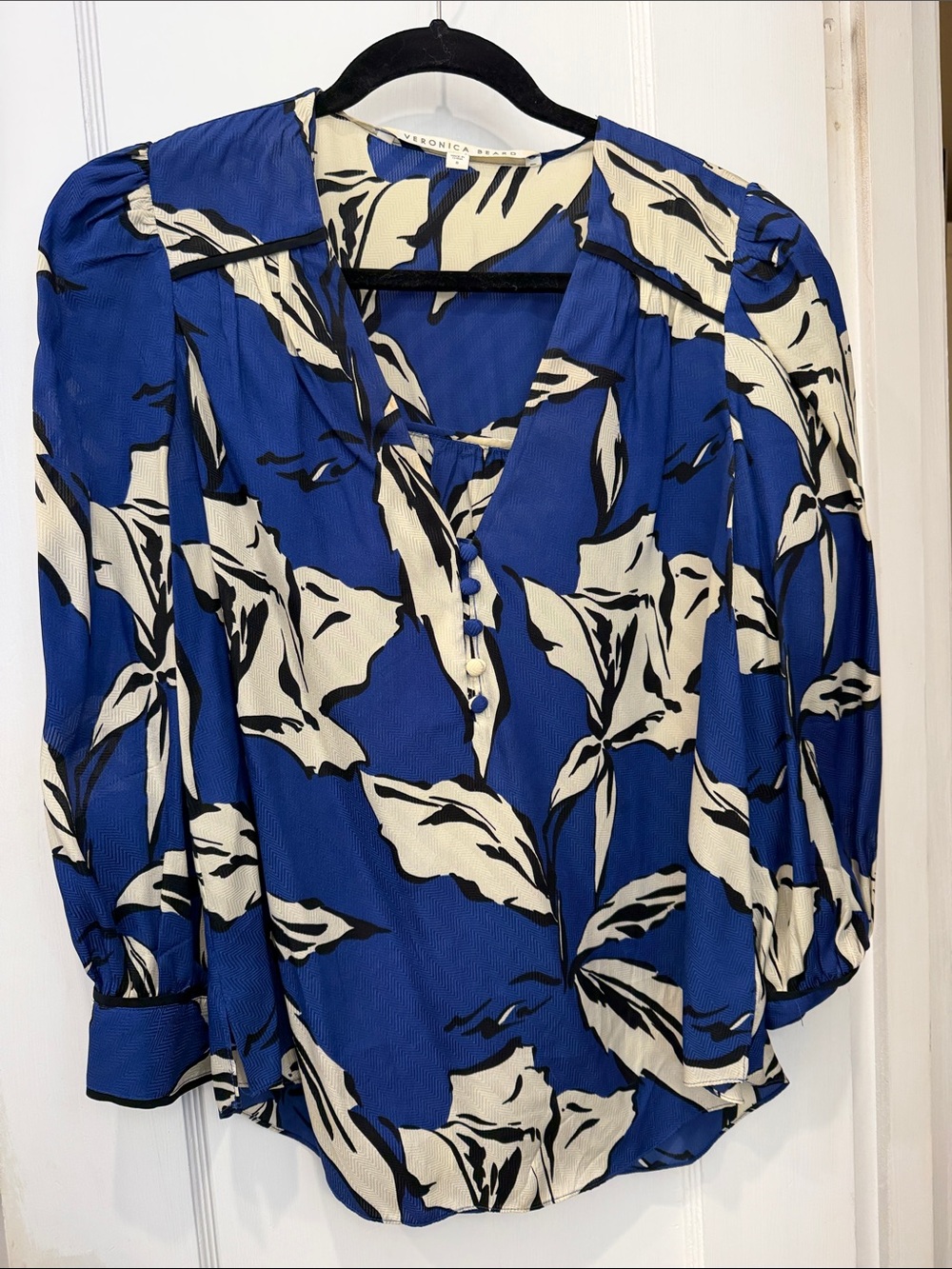 Veronica Beard Milan Floral Royal Blue and Ivory Button-Front Blouse 8